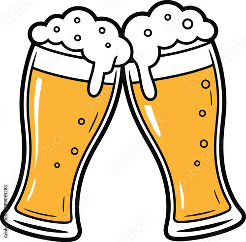 Two mugs of beer clinking together with foam and bubbles