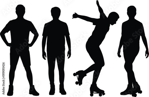 Teen boy silhouettes with roller skates, young male skater isolated black vector illustration set for youth activity concept