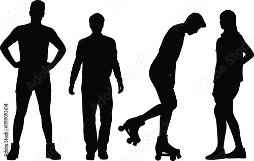 Teenagers silhouettes collection with roller skates, young people isolated black vector illustration set for youth lifestyle concept