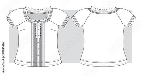 A blouse-shirt with short puffed sleeves, and lace trim. Folk style. Technical sketch. Vector illustration