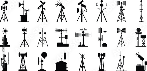 Silhouette, communication, antenna, tower, satellite, radar, transmitter, receiver, signal, wireless, technology, broadcast, telecom, equipment, collection, set, black, icons, isolated, illustration
