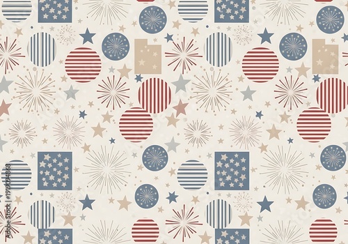 Seamless Pattern of Abstract Geometric Shapes and Fireworks in Red, White, and Blue