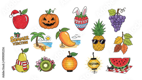 Seasonal Festivities Collection: A charming collection of hand-drawn illustrations showcasing seasonal fruits, symbols, and icons, bringing the essence of various festivities to life.