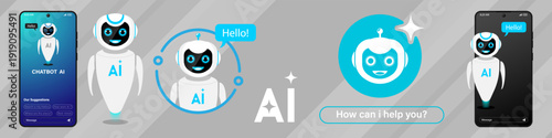 Artificial intelligence robot. Modern technology set chatbot concept illustrations showing AI assistants customer support bots chat bot automated virtual agents in flat style, ideal for tech, support,