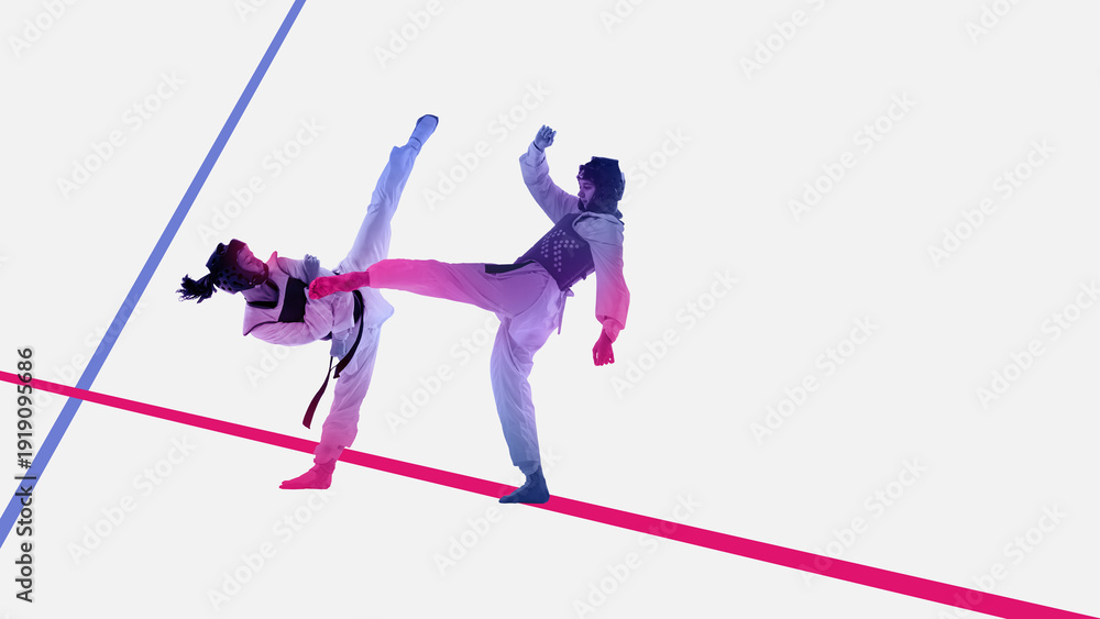 Naklejka premium Powerful composition taekwondo athletes performing high kick. Concept of martial arts tournament promotion, youth training campaigns, self defense advertising and sports federation branding.