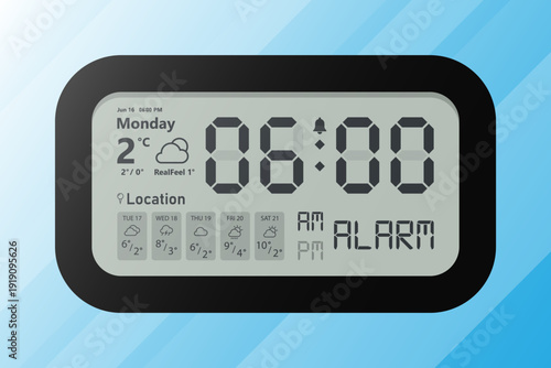 Digital modern alarm clock with electronic digits days of the week and Weather clock icon. vector illustration blue background