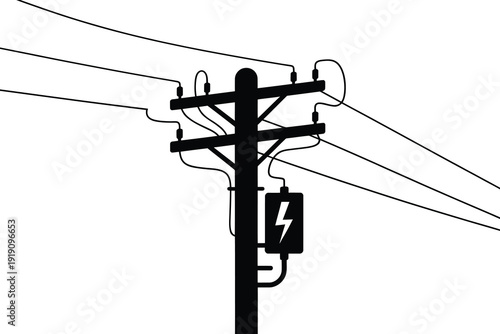 A black silhouette of a power pole with electrical lines and a warning