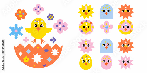 Colorful easter themed stickers featuring chicks flowers and eggshells