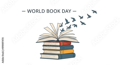 World Book Day vector illustration, open book with birds flying out, stack of books. Created in flat style with colorful palette.