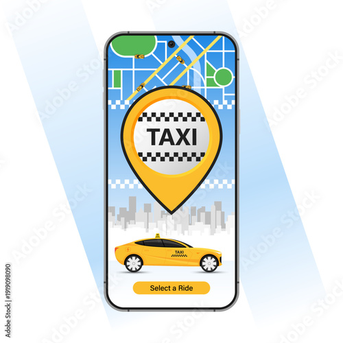 Taxi order mobile app online smartphone user interface transportation service realistic vector illustration. Yellow cab passenger urban travel automobile application smart digital technology