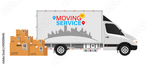 Moving service. Truck and household items. Moving to new house Package transportation. Things, clothes, furniture. Vector illustration Efficient logistics management and on time delivery tracking serv
