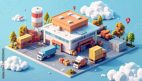 Stylized Factory Building with Trucks, Boxes, and Lush Greenery