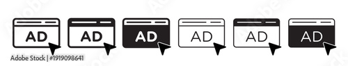 ad icon set in different styles. isolated Online Ad Vector symbol. suitable for web, mobile, ui. filled and outlined icon set.