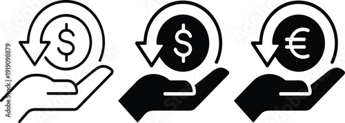 Currency exchange and money transfer icons with dollar and euro symbols in hand isolated vector illustration set