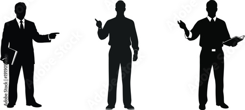 Three black silhouettes of men in business attire holding guns and pointing