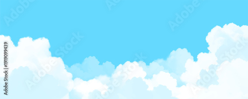 Blue sky background with white clouds set. Watercolor sky clouds landscape background design. Sunny day. Illustration, vector