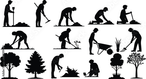 Gardening silhouettes collection with workers planting digging raking and landscaping trees isolated on white background vector illustration
