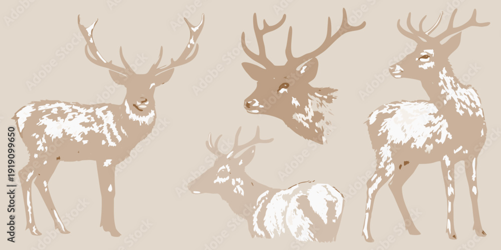 Φωτογραφία Stylized illustration of three deer with large antlers in beige tones