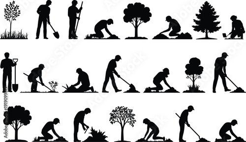 Gardening and landscaping silhouettes set with people planting trees digging soil and yard work isolated illustration