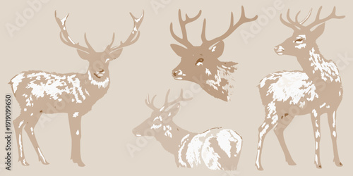 Stylized illustration of three deer with large antlers in beige tones