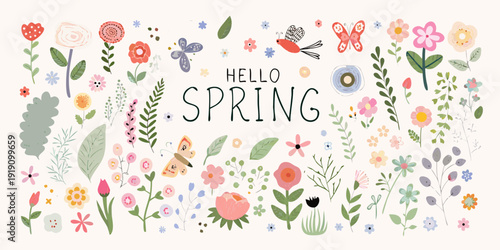A cheerful spring illustration with flowers butterflies and the word hello