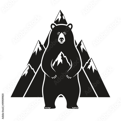 Bear Standing in Front of Mountains Silhouette, Wildlife Nature Symbol