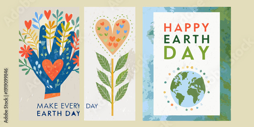 Three colorful banners celebrating earth day with hearts and foliage