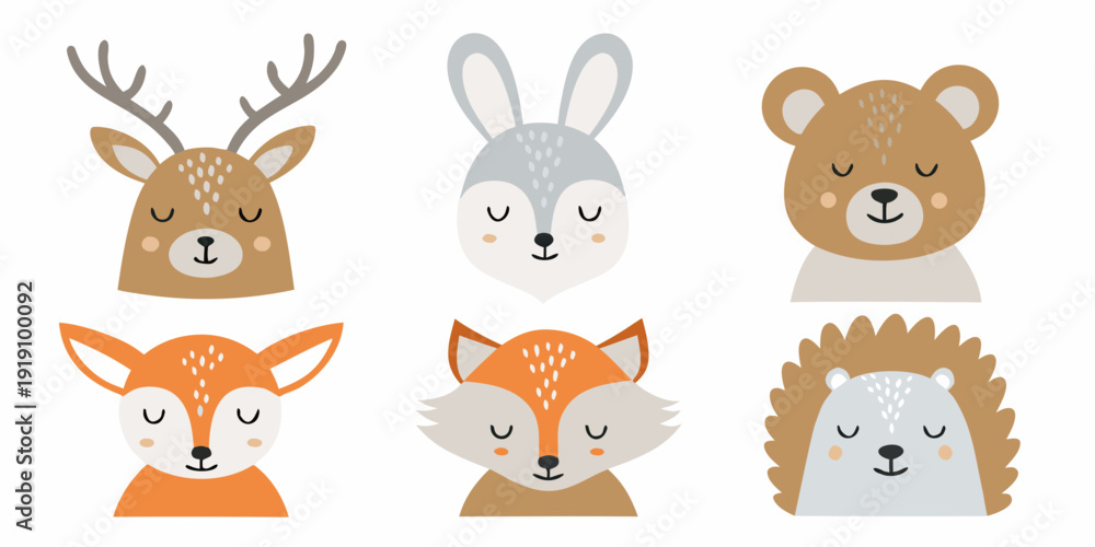 Obraz premium Cute animal heads deer rabbit bear fox and hedgehog illustrations
