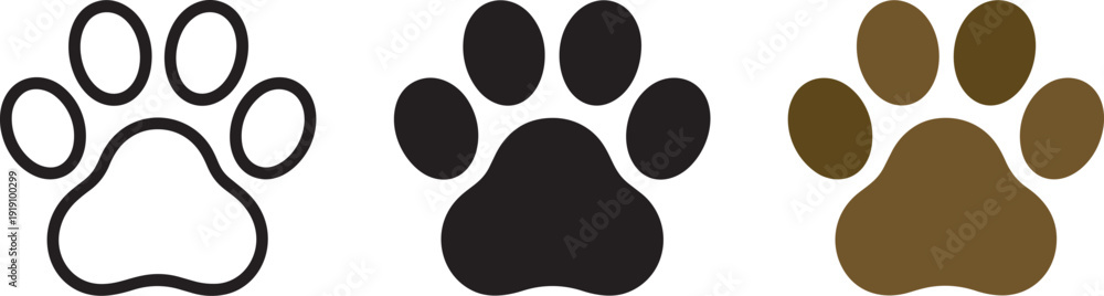 Φωτογραφία Paw print icons outline solid black and brown on transparent background for pets
