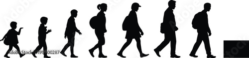 Silhouette illustration of human growth and aging stages from childhood to old age, life cycle progression, generational concept, mortality theme, creative design artwork