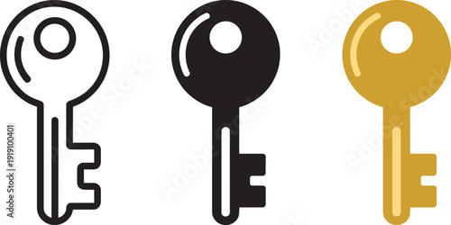 Three keys icons set outline solid black and metallic gold on transparent background