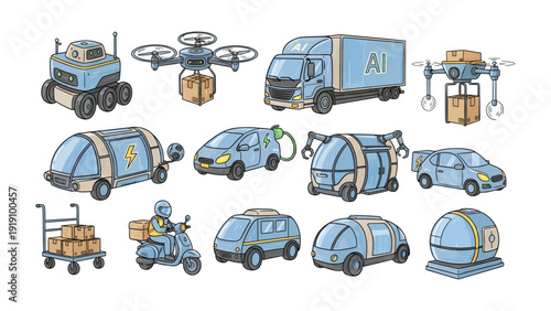 Next-Gen Transport: A collection of innovative transport concepts, including autonomous vehicles, delivery drones, and eco-friendly modes of transit, represent the future of logistics and mobility. 