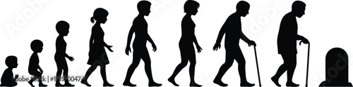 Silhouette illustration of human life stages from infancy to old age, aging progression, generational concept, mortality theme, creative design element, life cycle artwork