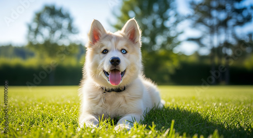 Wallpaper Mural Happy husky dog lying on green grass with tongue out Torontodigital.ca