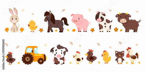 Cartoon farm animals and tractor illustration with scattered stars