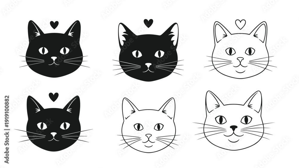 Fototapeta premium Set of black and white cat head icons with heart shapes above them in various line art and silhouette styles on a white background.