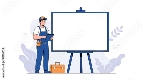 Friendly repairman or handyman wearing blue overalls and a cap standing next to a blank whiteboard while holding a digital tablet.