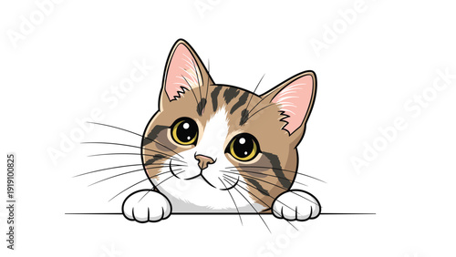 Cute tabby cat with big brown eyes peeking over a white edge or border in a charming cartoon style illustration for greeting cards.