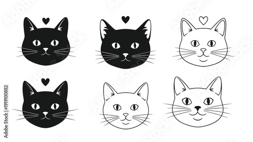 Set of black and white cat head icons with heart shapes above them in various line art and silhouette styles on a white background.