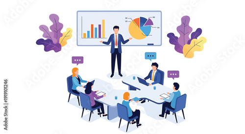 Business meeting vector illustration, team discussion with presentation and charts, office collaboration scene. Includes businesspeople, meeting, presentation, charts, graphs, discussion