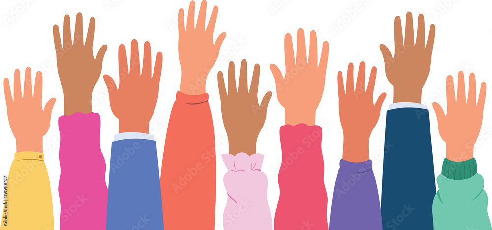 Obraz premium Concept of voting, Hands raised up together illustration.