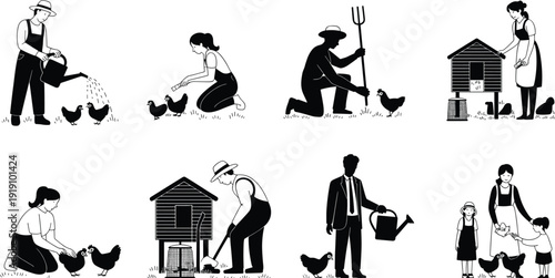 People in overalls and aprons tending to chickens and gardening in a farm setting with various tools and structures