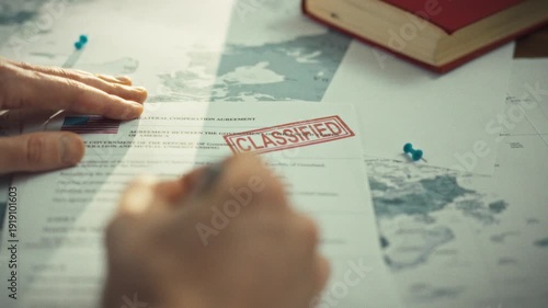 A civil servant's hands carefully handle a confidential ministry document on a table next to a world map, symbolizing state authority and bureaucracy in public service management