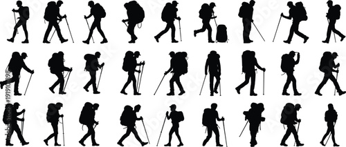 Silhouettes of Hikers with Backpacks and Trekking Poles on a White Background walking