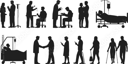 Silhouettes of people in various medical and social interactions with hospital equipment and devices