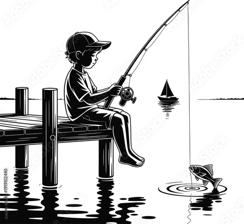 Young boy sitting on a dock fishing with a rod and reel while a fish jumps out of the water nearby