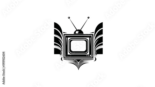 Retro Television Set Emblem with Antennas, Classic TV Graphic Icon, Vintage Media Broadcasting Symbol, Entertainment Device Illustration