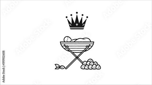 Stylized monochrome illustration of a newborn infant in a manger with a royal crown and gifts below, representing birth and sovereignty.