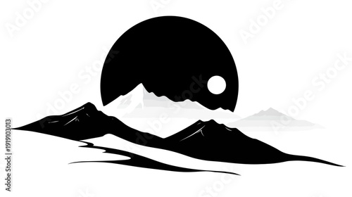 Minimalist black and white mountain landscape vector illustration with a large sun or moon silhouette behind peaks and rolling hills