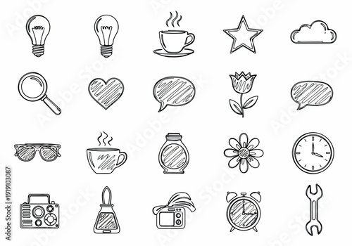 Collection of hand-drawn icons representing creativity, communication, and daily life elements like coffee, music, and tools